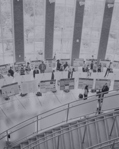 The lobby of a building on the Georgia Southern setup with student presentations.