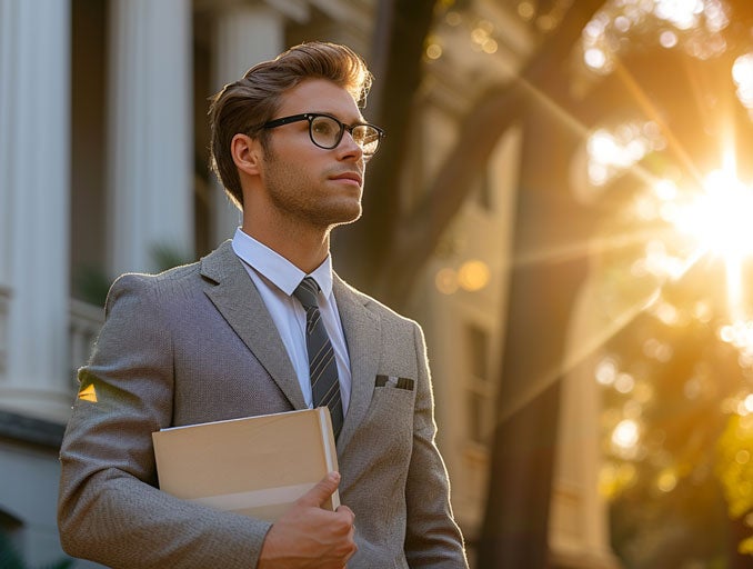 Wearing a suit and standing outside, a student from Georgia Southern's College of Graduate Studies prepares to present their research.