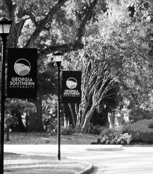 A path with school flags passes through one of Georgia Southern's campuses