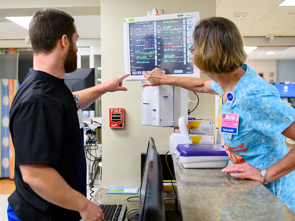 A Georgia Southern DNP student and their supervisor point to a screen with various charts and graphs