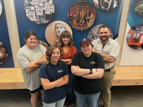 Back Row: Maddy Bullard, Treasurer; Whitley Gatch, Vice President; Theodore Paden, Secretary; Front Row: Syd Rigdon, President; Social Media Coordinator, Savannah Chastain; Not pictured, Faculty Advisors Dr. Julie de Chantal & Dr. Melissa Gayan.