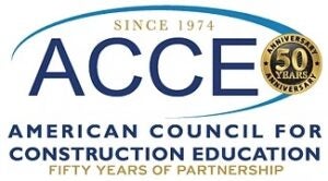 Logo of American Council for Construction Education, highlighting 50 years of partnership since 1974.