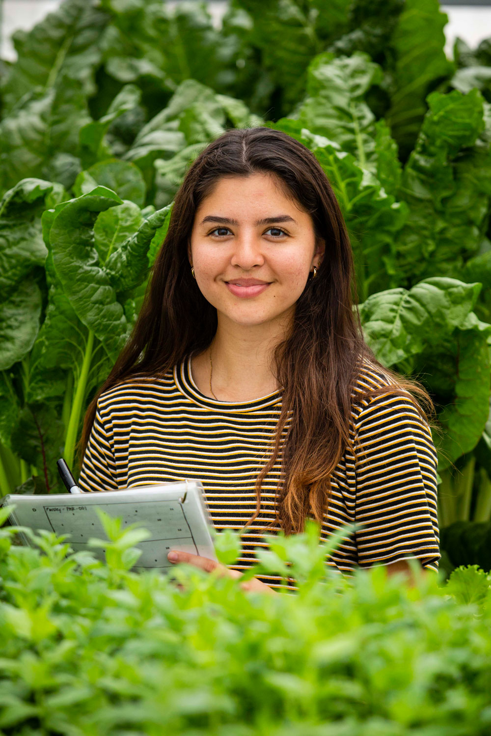 International student taking notes on plant life in a greenhouse.