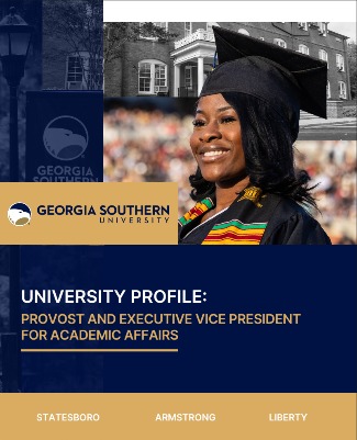 The cover of a booklet outlining the university profile for the search for a new Provost. It features a confident woman of African heritage in graduation regalia.