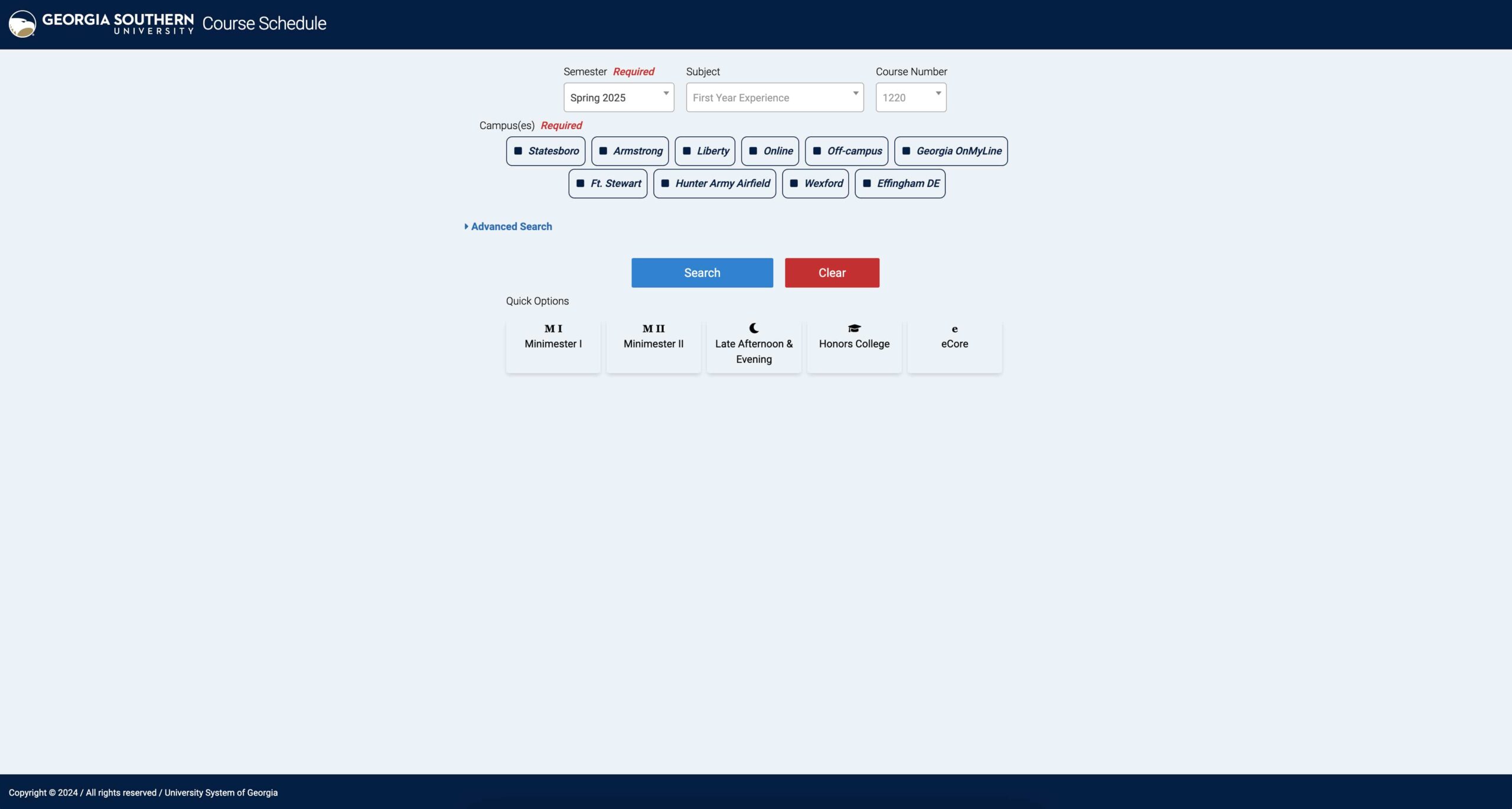 Georgia Southern's course search website home page.