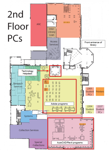 A map of Henderson Library's second floor. Workstations near the Technology Helpdesk include Adobe programs. Workstations along the far wall (near Collection Services) include AutoCAD/Revit programs.