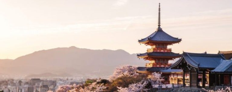 An iconic temple on a hill overlooking Kyoto, Japan.