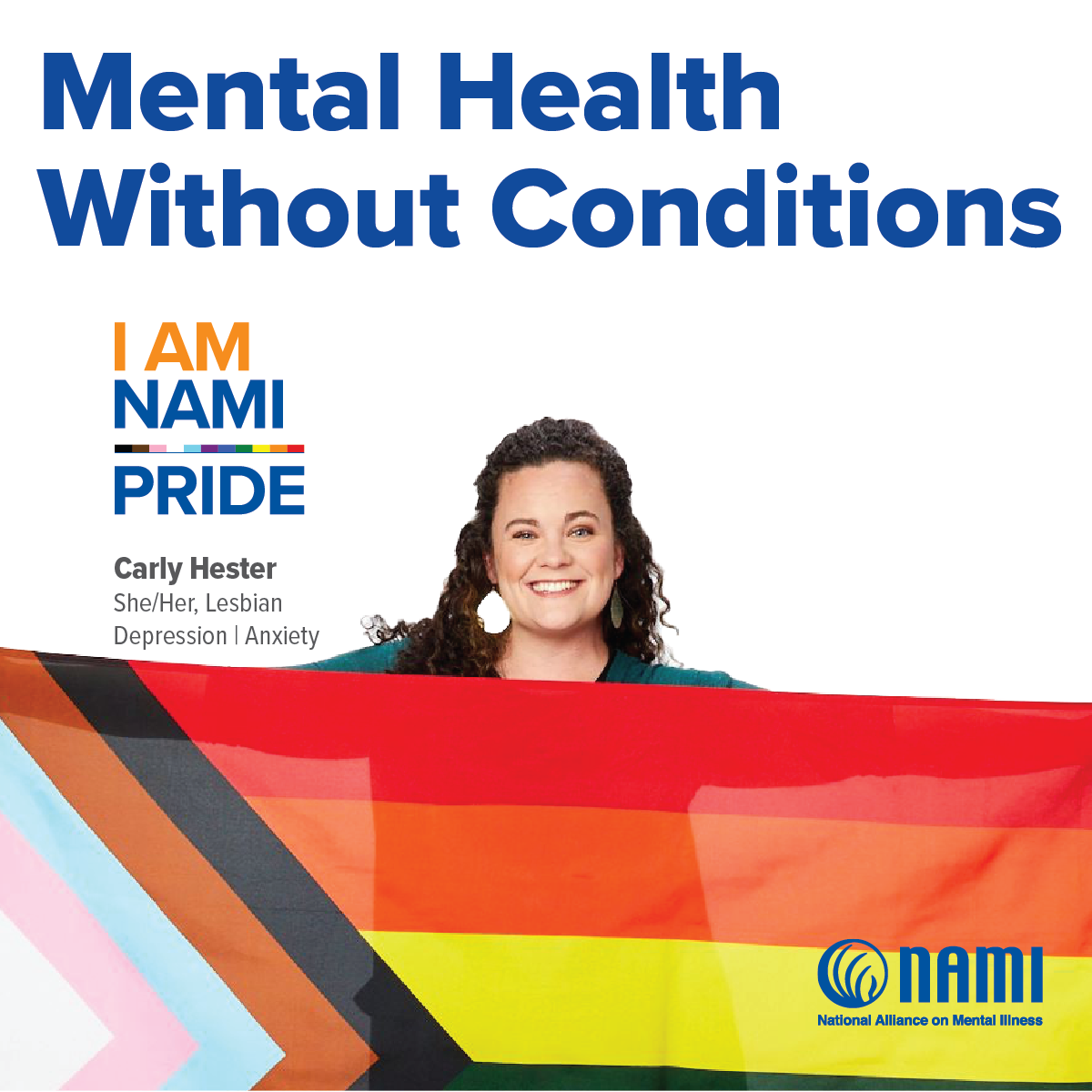 Image of Carly Hester, member of I am Nami Pride: Mental Health without Conditions, holding up LGBTQ+ pride flag.